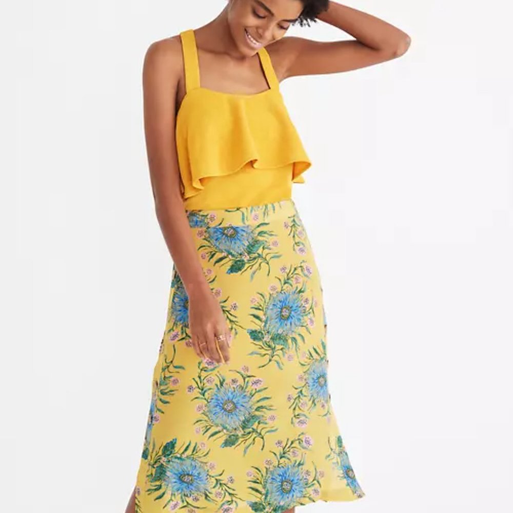 Madewell Yellow Silk Side-Button Skirt